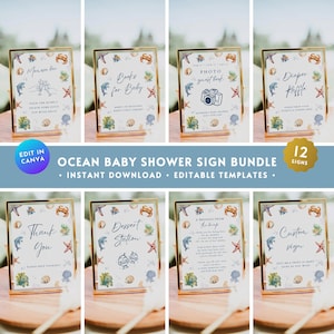 May include: A set of 12 printable ocean-themed baby shower signs. The signs feature a variety of ocean creatures, including starfish, crabs, jellyfish, and dolphins. The signs are in a light blue and white color scheme with gold accents. The signs are editable and can be customized to fit any baby shower theme.