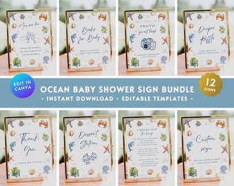 Ocean Baby Shower Signs BUNDLE, Editable Under the Sea Shower Table Sign Printable Set, Nautical Beach Coastal Gender Reveal Party Sign BS80