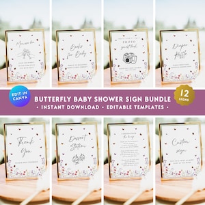 Butterfly Baby Shower Table Sign BUNDLE, Editable Wildflower Gender Reveal Table Decor Printable Set,Message From Bump Diaper Book Sign BS61