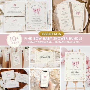 May include: A baby shower stationery bundle featuring a pink bow design. The set includes invitations, menu cards, thank you cards, and a welcome sign. The text includes "Sweet Bows & Tiny Toes" and "Charlotte Mill's Baby Shower".