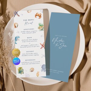 Ocean Baby Shower Menu Card, Under the Sea Blue Nautical Beach Baby Surf Table Decor Setting,Summer Turtle Dinner Menu Program Template BS80