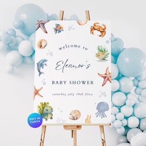 Ocean Baby Shower Welcome Sign, Blue Under the Sea Boy Baby Shower Entrance Signboard,DIY Summer Nautical Turtle Large Poster Yard Sign BS80