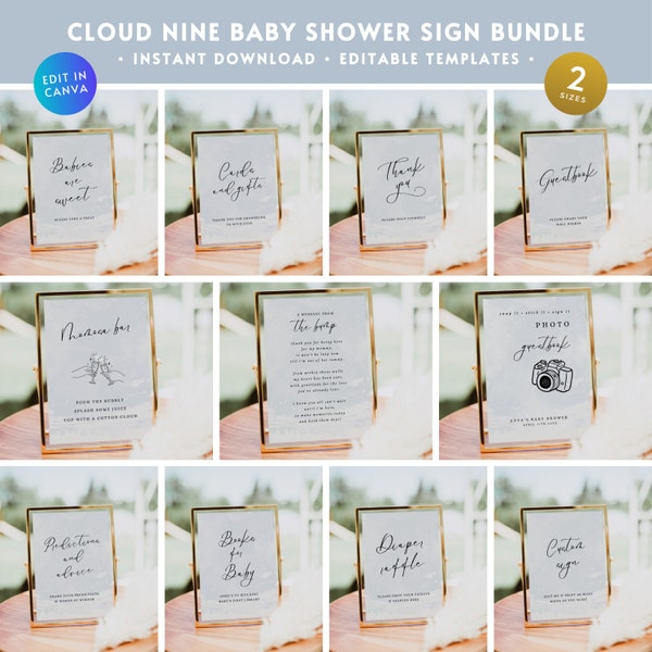 Cloud 9 Baby Shower Signs BUNDLE, Editable Cloud Nine Party Table Sign Printable Set, Diaper Message From the Bump Photo Guestbook Sign BS40