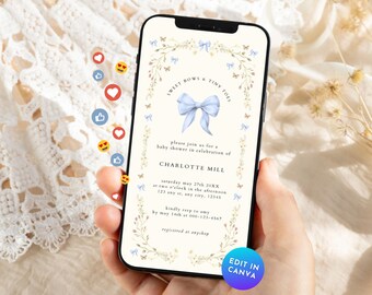 Blue Bow Baby Shower Phone Invitation, Dusty Blue Ribbon Party Baby Shower Mobile Invite, Pastel Floral Lace Baby Boy Sprinkle Template BS86