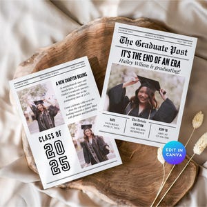 Newspaper Graduation Invitation Class of 2025, Photo Graduate Announcement Invite, Editable College Newsletter Grad Party Template Card GR20