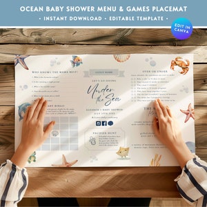 May include: A blue and white printable baby shower placemat with an ocean theme. The placemat features games like "Who Knows the Mama Best?" and "Over or Under" as well as a menu for the shower. The placemat has a watercolor design with seashells, starfish, and a crab.