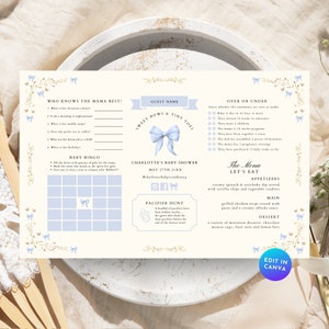 May include: A baby shower invitation with a light blue and gold floral design. The invitation includes sections for games, a menu, and event details. The text reads "Sweet Bows & Tiny Toes" and "Charlotte's Baby Shower".