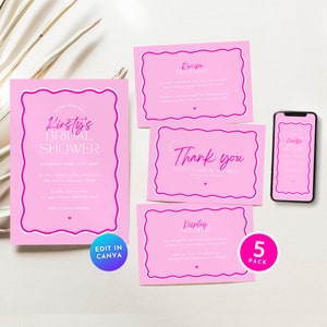 Pink Bridal Shower Wavy Invitation Bundle Set, 70s Disco Retro Bachelorette Hen Party Invite Recipe Display Insert Thank Card Printable BR21