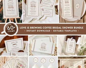 60+ Love Is Brewing Bridal Shower BUNDLE, Espresso Coffee Bridal Shower Decor Set, Boho Cosy Cafe Bridal Brunch Bachelorette Party Pack BB10