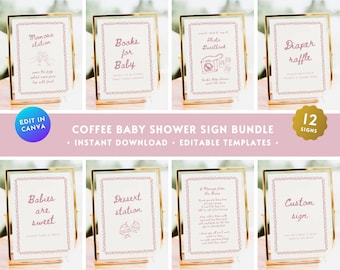 Pink Cafe Bebe Baby Shower Sign BUNDLE, Handrawn Coffee Cafe Baby Girl Shower Table Sign Set, Blush Baby Is Brewing Doodle Decor Sign BA11