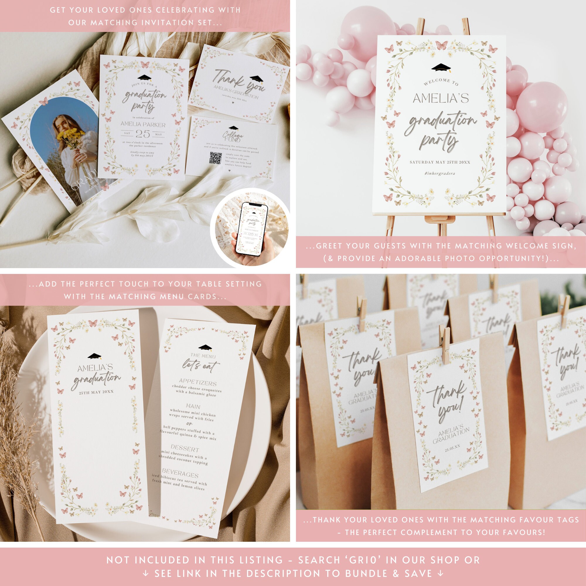 Floral Graduation Table Sign Bundle Template, Class of 2025 Boho Pink ...