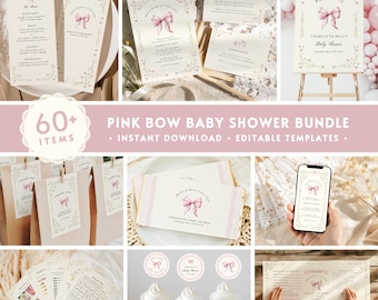 60+ Pink Bow Baby Shower BUNDLE, Editable Coquette Baby Shower Decor Pack, Boho Blush Lace Ribbon Girl Party Invitation Set, Sign Menu BS85