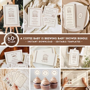 May include: A printable baby shower bundle with over 60 items featuring a coffee shop theme. The bundle includes invitations, thank you cards, games, and decorations. The design features a brown and white color scheme with a cute coffee shop illustration.