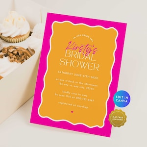 Hot Pink Orange Bridal Shower Invitation, Retro Wavy Bachelorette Party Hens Invite, Wavy Border DIY Modern Bride Era Card Printable BR20