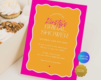 Hot Pink Orange Bridal Shower Invitation, Retro Wavy Bachelorette Party Hens Invite, Wavy Border DIY Modern Bride Era Card Printable BR20