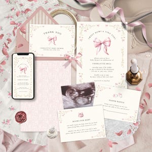 Pink Bow Baby Shower Invitation Bundle, Coquette Lace Pink Ribbon Girl Baby Invite Suite, Pastel Knot Book Diaper Insert Thank You Set BS85