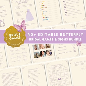 May include: A collection of printable bridal shower games and signs. The bundle includes over 40 editable butterfly-themed games. The design features a soft color palette with illustrations of a wedding dress, butterflies, and various game layouts.