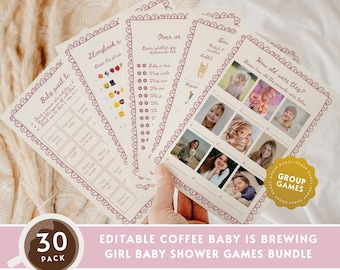 Pink Coffee Baby Shower Game BUNDLE, Cafe Bebe Baby Shower Group Game Pack, French Cafe Baby Is Brewing Girl Baby Shower Game Printable BA11