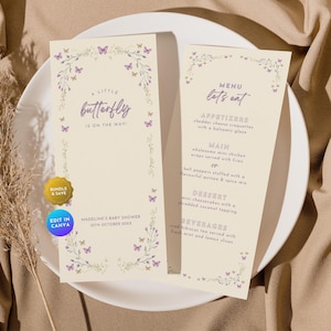 Butterfly Baby Shower Menu Card, Lilac Purple Butterflies Girl Baby Shower Party Dinner Menu Program, Floral Party Lavender Table Menu BS60
