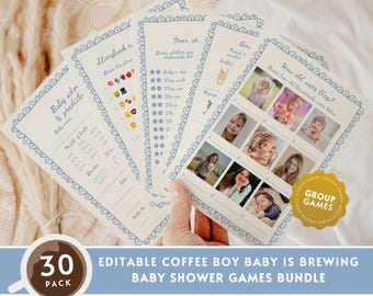 Coffee Baby Boy Shower Game BUNDLE, Blue Cafe Bebe Baby Is Brewing Baby Shower Group Game Pack, French Cafe Baby Shower Game Printable BA12