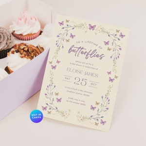 Butterfly Bridal Shower Invitation, Lifetime of Butterflies Purple Bachelorette Hen Party Invite, Wildflower Spring Printable Template BR30