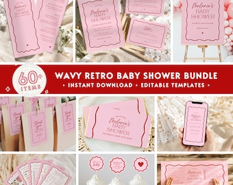 60+ Wavy Baby Shower BUNDLE, Editable Pink Red Wave Border Gender Reveal Decor Pack, Retro Couple Coed Party Invitation  Menu Game Set BS50
