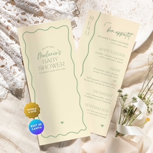 Sage Green Menu Baby Shower, Minimalist Editable Boho Wavy Retro Modern DIY Menu Card, Beige Table Setting Program Template Printable BS51