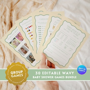 Sage Green Baby Shower Game BUNDLE, Editable Retro Wavy Border Gender Neutral Wave Party Group Guest Bingo Charades Printable Pack Set BS51