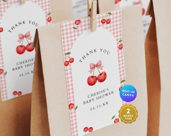 Cherry Baby Shower Favor Tag Set, Cherry on Top Baby Shower Thank You Gift Tag, Coquette Bow Little Cherry Baby Girl Shower Party Tag BA20