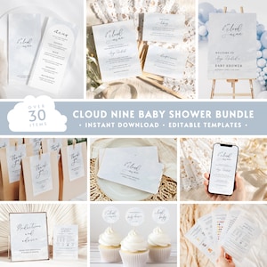 On Cloud Nine Baby Shower BUNDLE, Minimalist Editable On Cloud 9 Invitation Set Welcome Sign Menu Card Canva Templates, Boho Cloudy BS40