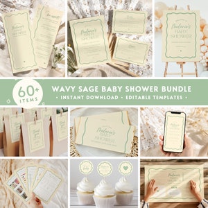 May include: A digital download bundle of 60+ printable baby shower templates in a sage green and cream colour scheme. The text "Wavy Sage Baby Shower Bundle" is displayed in a bold font. The text "Instant Download - Editable Templates" is also displayed.