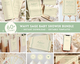 60+ Sage Green Baby Shower BUNDLE,Editable Boho Retro Wavy Gender Reveal Decor Pack,Sage Gender Neutral Baby Party Invite Sign Menu Set BS51
