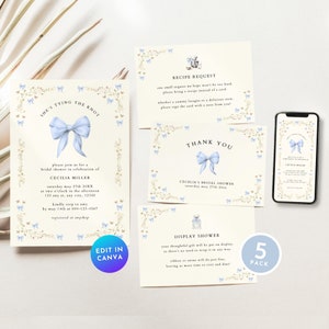 May include: A 5-pack of printable bridal shower invitations with a blue and gold color scheme. The invitations feature a blue bow with a floral border and the text "She's Tying the Knot".