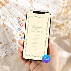 Sage Green Baby Shower Phone Invitation, Retro Wavy Gender Neutral Border Editable Mobile Digital Invite, Hello Baby Gender Reveal Text BS51