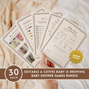 Coffee Bean Baby Shower Game BUNDLE, Editable Baby Is Brewing Baby Shower Group Game Pack,Handrawn Café Bébé Baby Shower Game Printable BA10