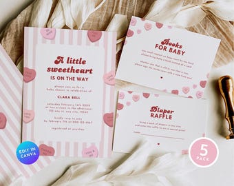 Little Sweetheart Baby Shower Invitation Bundle,Valentine February Baby Shower Invite Set,Candy Love Heart Book Diaper Insert Thank You BS31