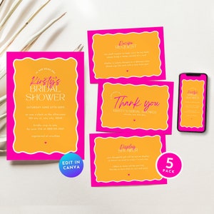 May include: A 5-pack of printable bridal shower cards in pink and yellow with white text. The cards include an invitation, a recipe request card, a thank you card, a display shower card, and a phone screen mockup. The text on the invitation reads "Kirsty's Bridal Shower".