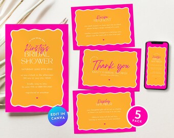 May include: A 5-pack of printable bridal shower cards in pink and yellow with white text. The cards include an invitation, a recipe request card, a thank you card, a display shower card, and a phone screen mockup. The text on the invitation reads "Kirsty's Bridal Shower".