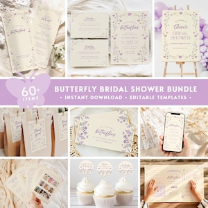 May include: A printable bridal shower bundle with over 60 items featuring a butterfly theme. The bundle includes invitations, decorations, games, and favors. The design features a floral wreath with butterflies and purple accents.