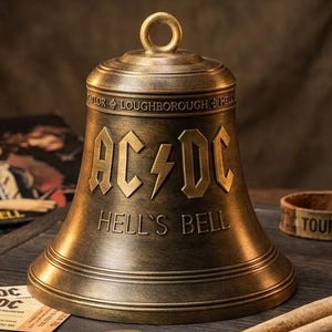 Peut inclure: Une cloche en métal couleur bronze avec le logo AC/DC en relief et le texte HELL'S BELL. La cloche possède un anneau supérieur et est présentée avec des baguettes de batterie AC/DC, un médiator, deux bracelets et une pochette d'album Highway to Hell.