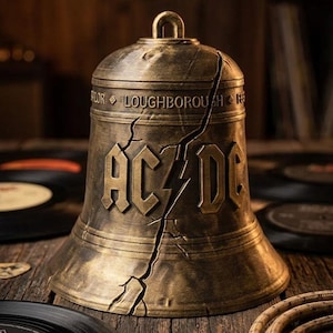 Op de afbeelding: Een bronskleurige bel met het in reliëf aangebrachte AC/DC-logo en een bliksemschicht in het midden. De bel heeft een opvallende verticale barst aan de voorzijde en de tekst LOUGHBOROUGH gegraveerd bij de bovenrand met een ophangoog.