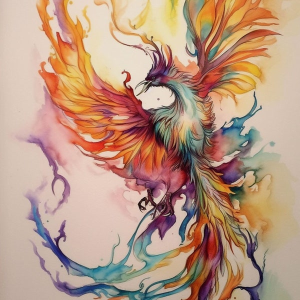 Phoenix Feather, Abstract Japanese Watercolor, Bird Art Prints, 1 Year anniversary gift for girlfriend, 1  year old gift, AI generated art