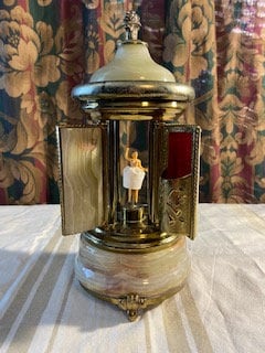 Vintage Swiss Reuge Dancing Ballerina Music Box Carousel Cigarette Lipstick Holder Natural Italian Onyx Stone Case