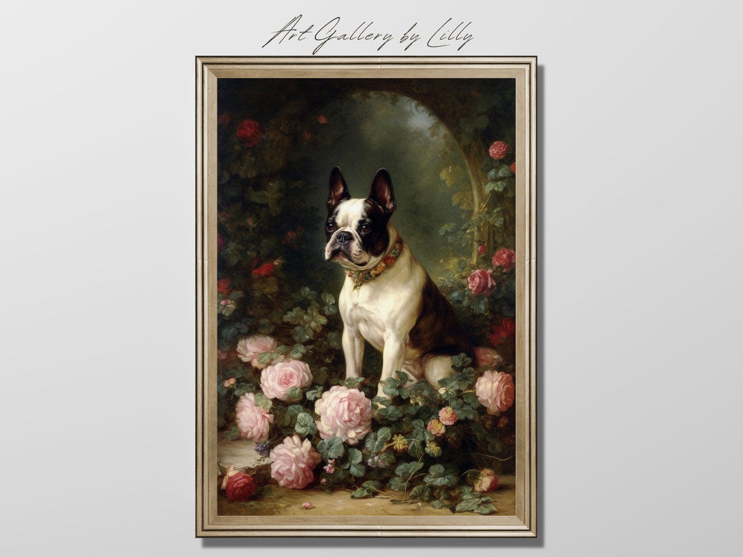 Victorian Dog Oil Painting Printable Boston Terrier Art Vintage Floral