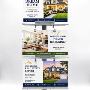 May include: A vertical display stand featuring three stacked real estate signs for Jennifer Smith. The signs display contact information, house imagery, and text including Find Your Dream Home, Opening Doors To New Beginnings, and Your Trusted Real Estate Expert.