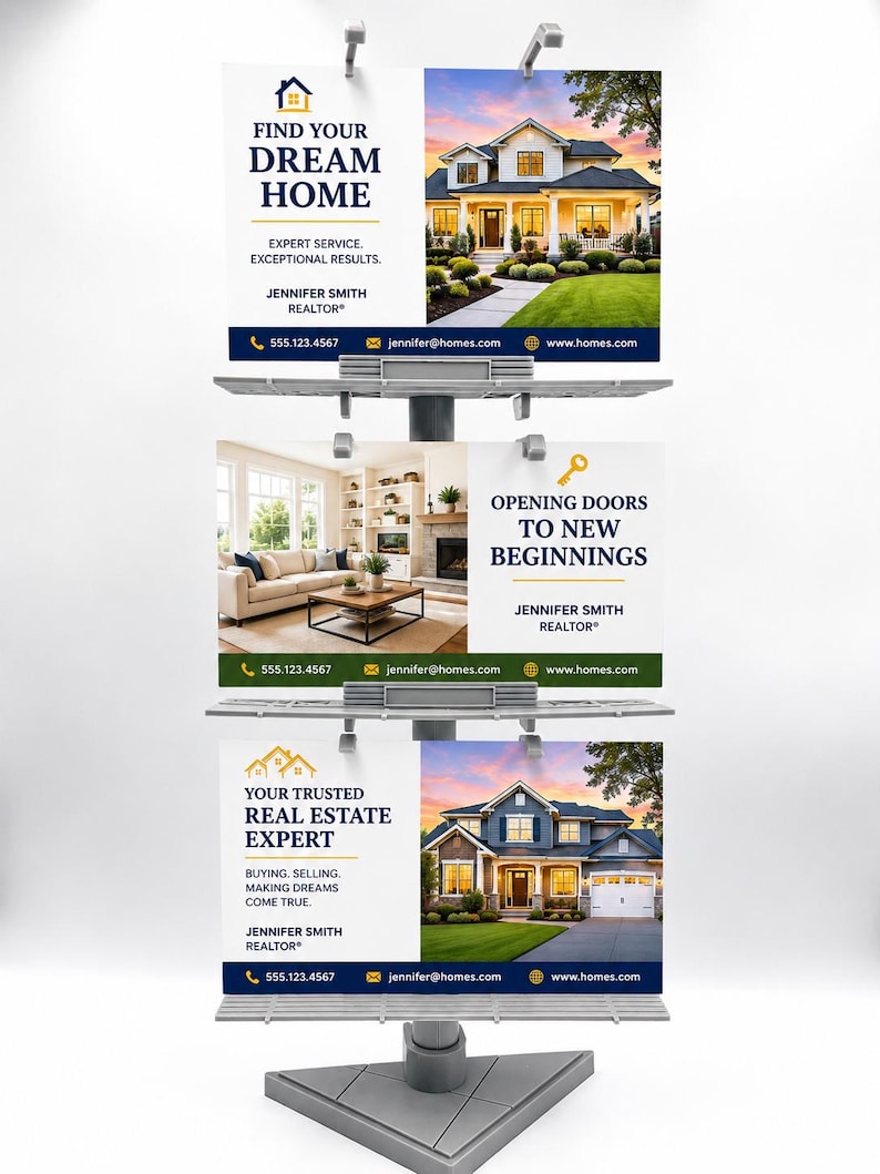 May include: A vertical display stand featuring three stacked real estate signs for Jennifer Smith. The signs display contact information, house imagery, and text including Find Your Dream Home, Opening Doors To New Beginnings, and Your Trusted Real Estate Expert.