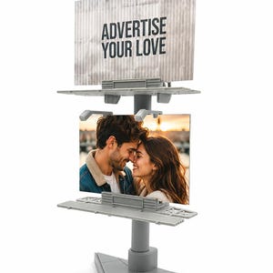 May include: A gray plastic miniature billboard display featuring two levels. The top level displays the text ADVERTISE YOUR LOVE on a corrugated background. The bottom level features a photograph of a couple touching foreheads.