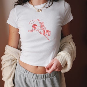 Cowboy Baby Tee, Y2k Baby Tee, Downtown Girl aesthetic, 90s Baby Tee, Southern Girl, Country Era, Vintage Aesthetic Tee, Zach Bryan, Horse