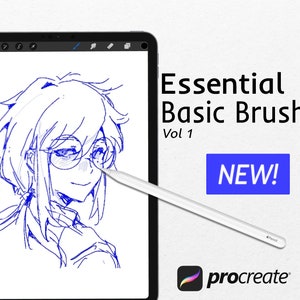 May include: A digital illustration of a person with glasses drawn in blue on a white background on a tablet screen. The screen is displaying the Procreate app. The text "Essential Basic Brushes Vol 1 NEW!" is displayed on a white background.