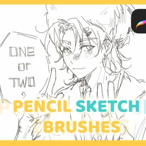 May include: A black and white pencil sketch of a person with a speech bubble that says "One of Two". The image is labeled "Pencil Sketch Brushes".